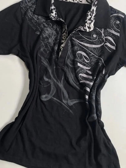 Vintage Y2k T-shirt Polo Letter Print 90s Slim Goth Punk Aesthetic Harajuku Summer Woman Clothes Streetwear Crop Top Grunge Tees