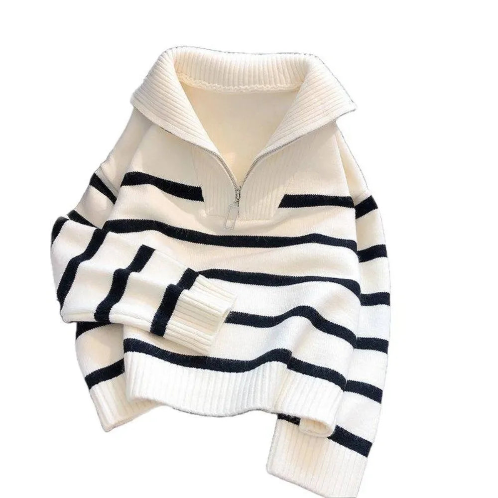 Short Length Striped Sweater Thick Knit Half Zip Design Half Zip Pullover Ribbed Collar Striped Pattern Casual Inner Wear