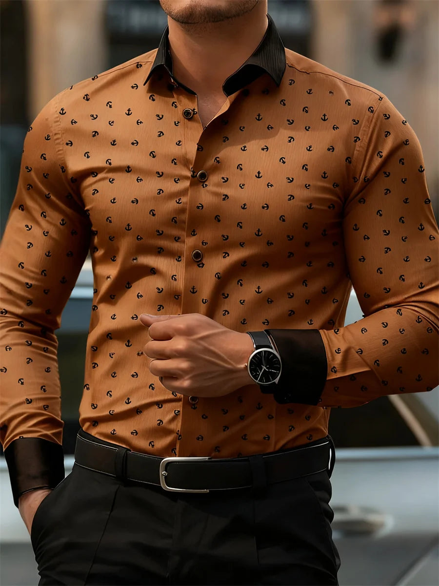 New Men's Fashion Anchor Print Contrast Color Lapel Long Sleeve Shirt Business Casual Slim Fit Non-iron Versatile Shirt XS-6XL