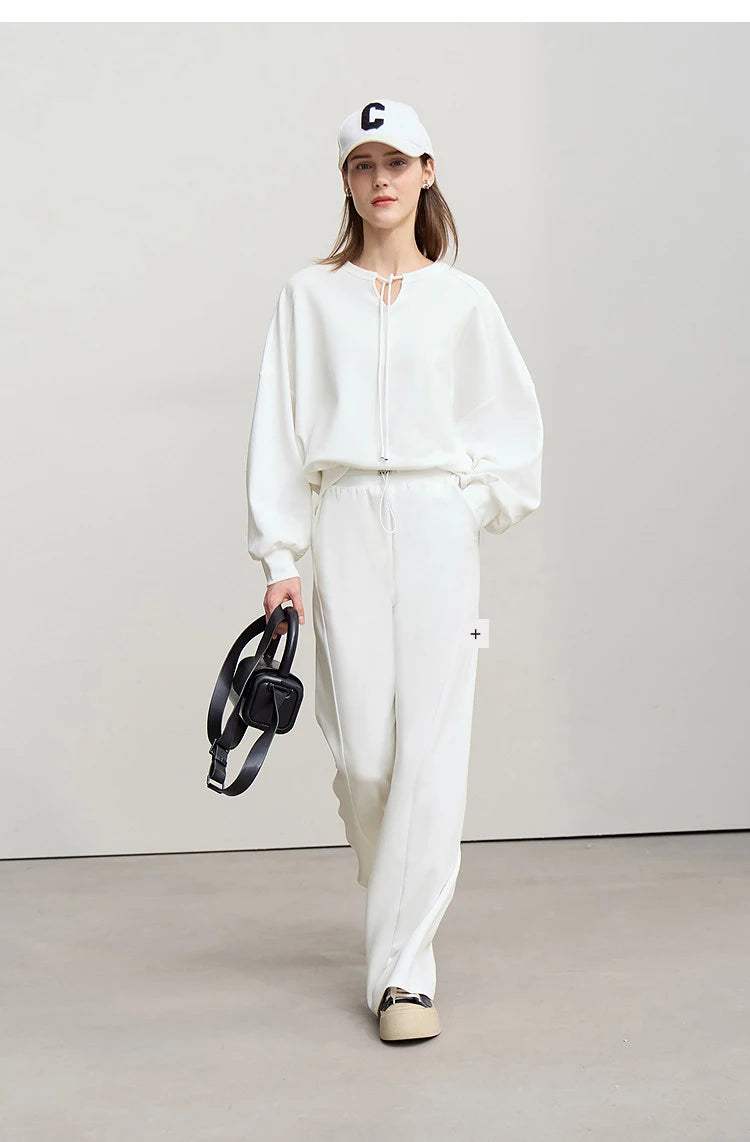 Amii Cotton Pants For Woman 2026 Autumn New Adjustable Rubber Band Waist Casual Pants Long Wide Leg Knit Women Trousers 12641040
