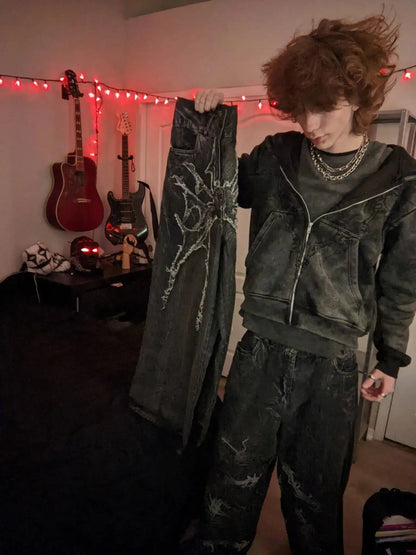 Y2K Retro Oversized Baggy Unisex Mopping Pants Phantom Jeans Men High Street Spider Embroidered Patch Hip Hop Streetwear Gothic