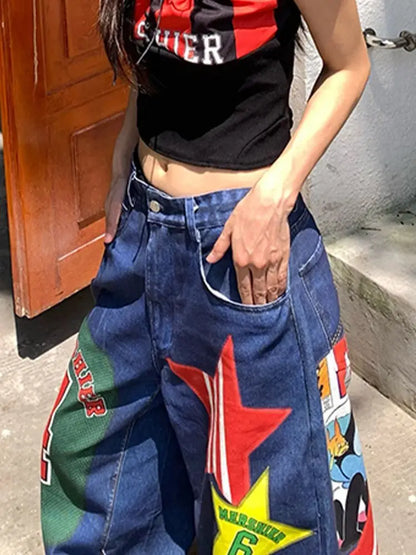 American Style Jeans Big Size Heavy Sticker Fabric Wide Leg Mopping High Waisted Jeans Men and Women Trendy Hip Hop Gothic Pants