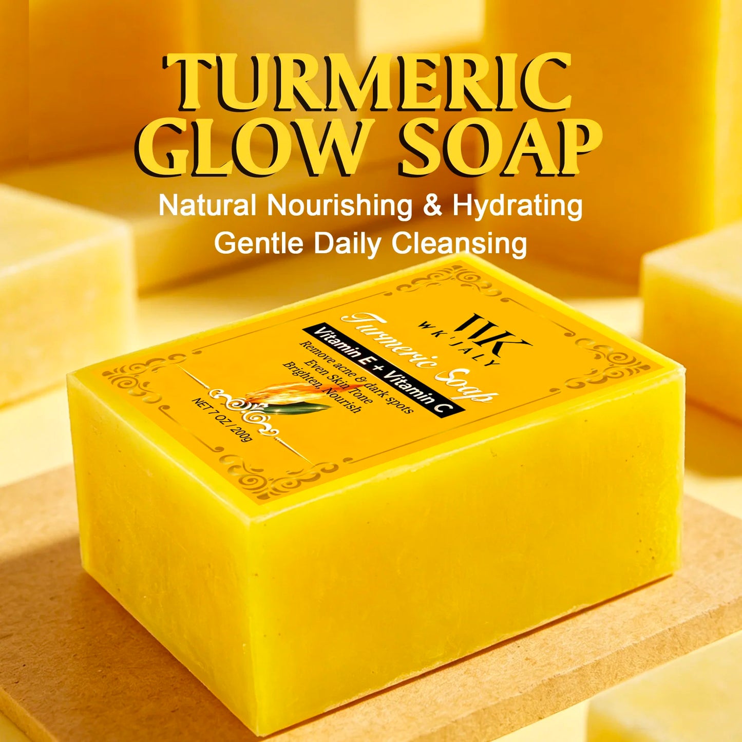 WK JALY Natural Turmeric Soap, Vitamin E + Vitamin C Body Wash, Remove Acne, Dark Spots, Even Skin Tone for Women, 200g/7oz