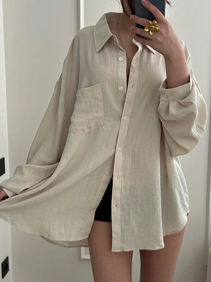 Summer Blue Linen Shirts For Women Oversized Long Sleeve Tops Green Shirt Woman Work Basic Linen Tops Women White Shirts Ladies