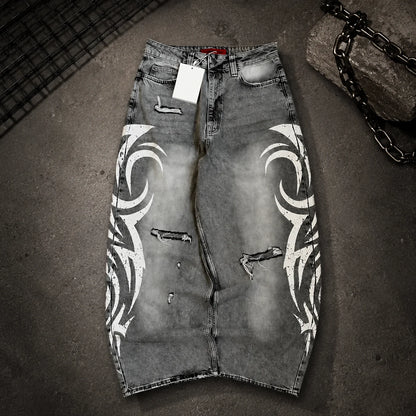 Loose Jeans Women Graffiti Print Baggy Wide Leg Straight Leg Ripped Floor Pants Harajuku Y2k Gothic Unisex Work Denim Pants