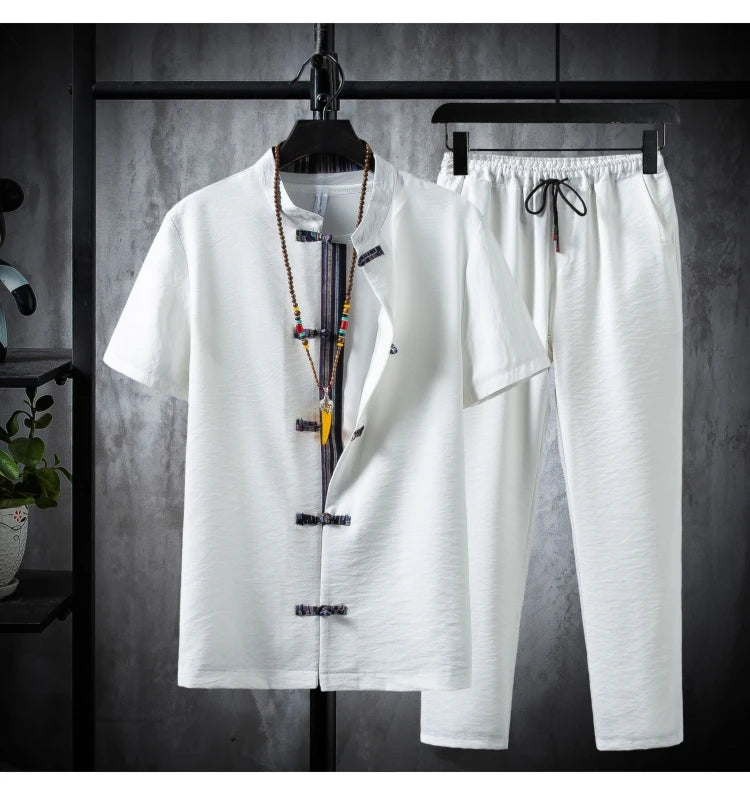 Shirts + Pants summer 100% Cotton linen shorts sleeve Men's Casual Sets Male Fashion trousers and shirts men full size M-5XL