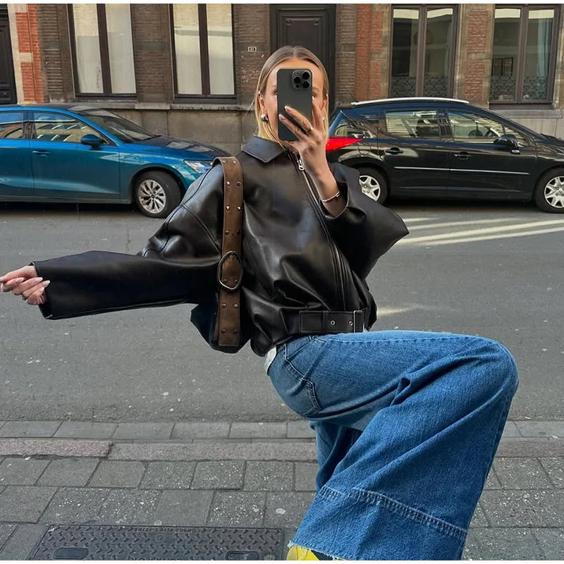 Vintage Leather Bomber Jacket – Women's PU Leather Zip Jacket With Belt & Patchwork Design