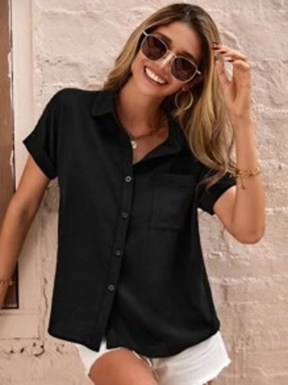 Summer new Tencel ramie short-sleeved shirt women, loose casual, pocket design is strong, thin and chic.