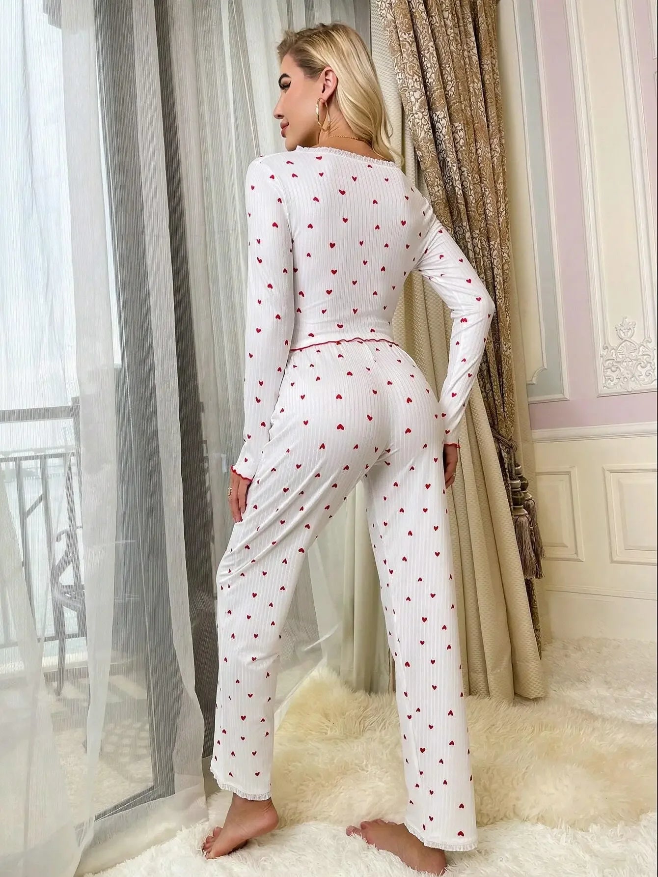 Autumn Winter Pajama Set for Women Sleepwear Knitted V-Neck Heart Print Loose Tops and Elastic Long Pants Sets Loungewear