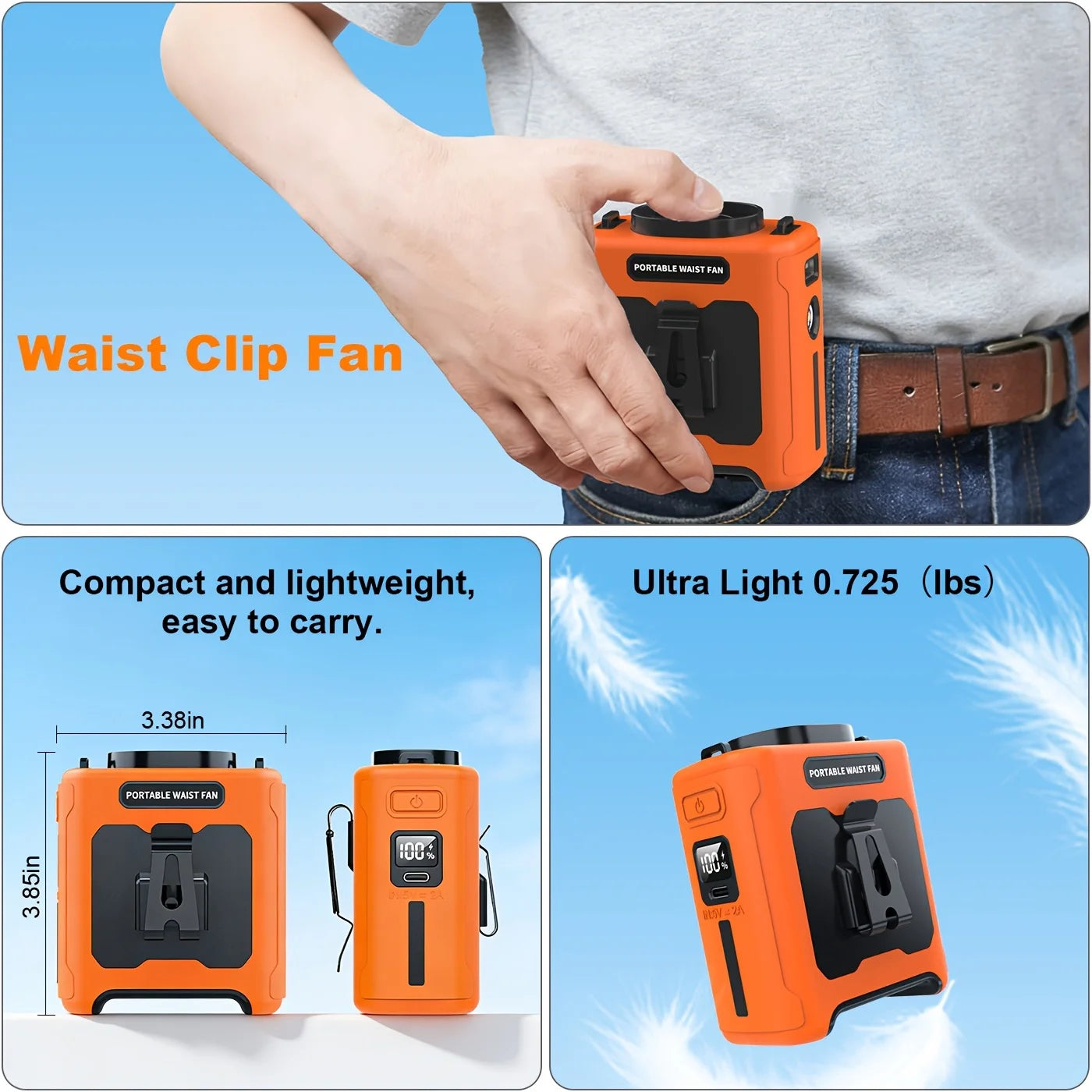Waist Fan Portable Hanging Neck Fan Ultra-Strong Wind with Phone Charging LED Light For Travel Sports Courier Outdoor Working