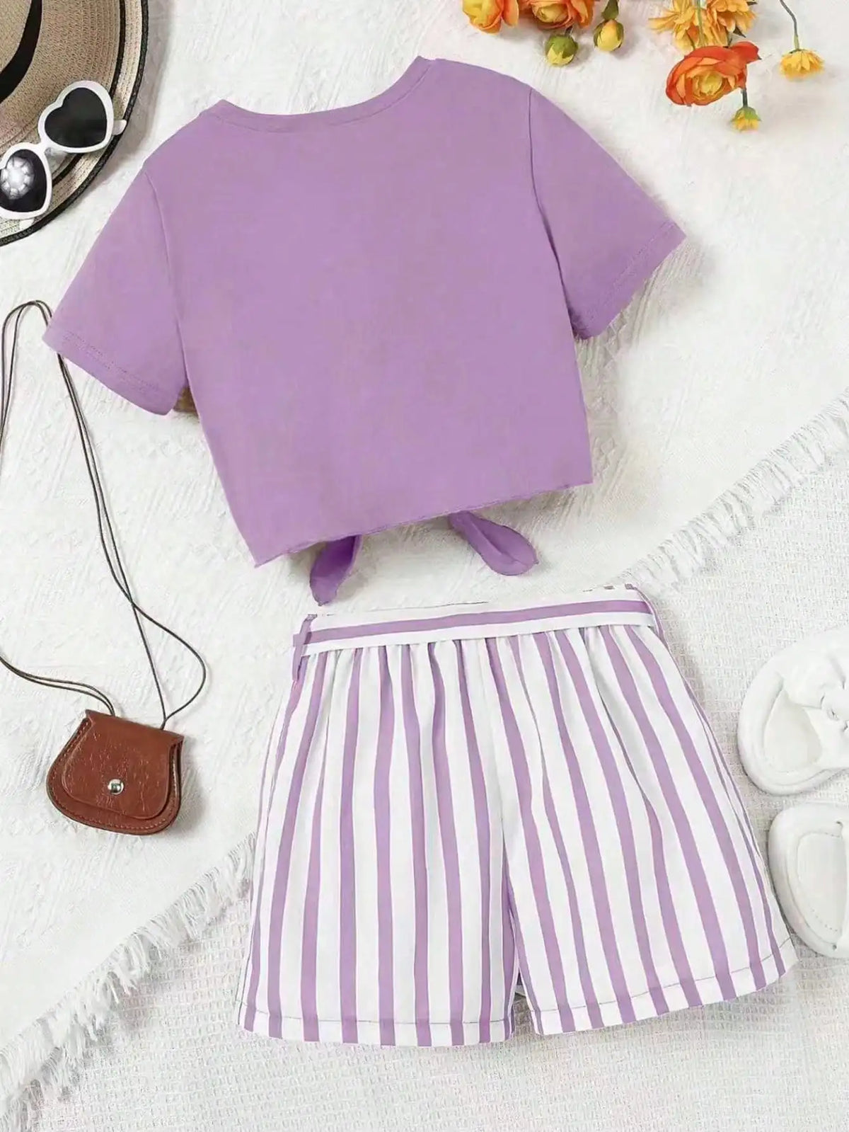 Women's casual daily short sleeved love printed+striped printed shorts 2-piece set with random belt striped children's clothing
