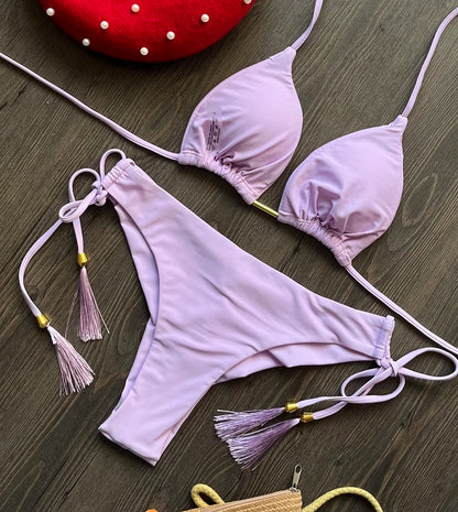 Triangle Bathing Suit - Brazilian Bikinis Halter Swimwear With Metal Chain Beach Bikini Set
