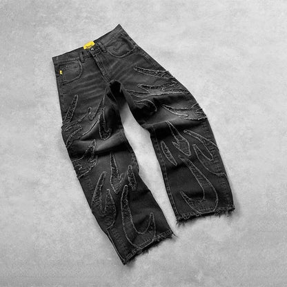 Street New Edge Embroidery Black Baggy Jeans Wide Leg Denim Pants Mens Y2K Harajuku Retro Graphic Patch Jeans Hip Hop Gothic Raw