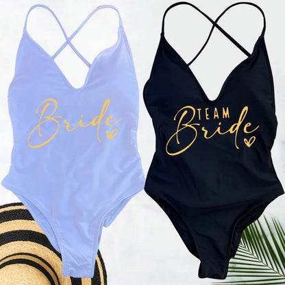Pink Gold Print One Piece Swimsuit Team Bride Love Sexy Bathing Suit Padded Swimwear Women Bikini Bachelor Party Swim Beachwear