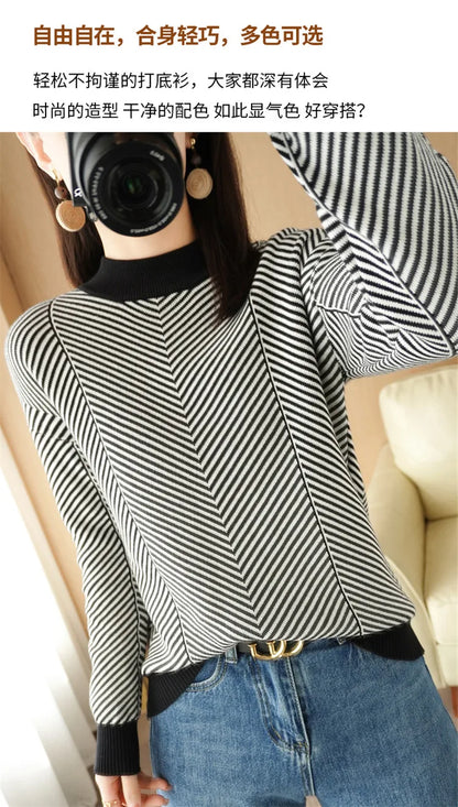 Women's autumn and winter 100% pure cotton knitted semi high neck pullover casual striped warm sweater fashionable hot selling