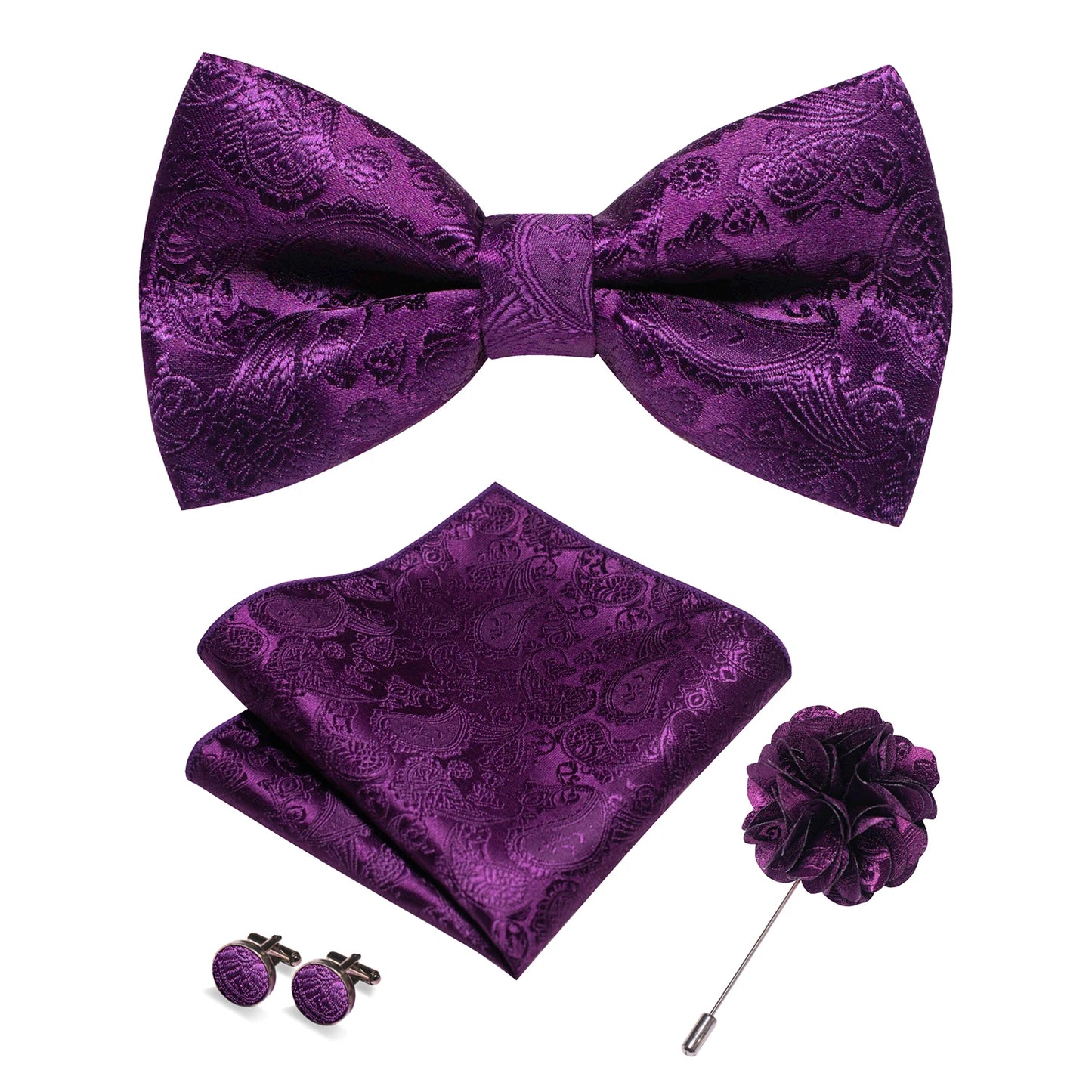 Champagne Silk Jacquard Paisley Bow Tie Set - Pre-tied Bowtie Brooch Hanky  Cufflinks for Weddings  Business