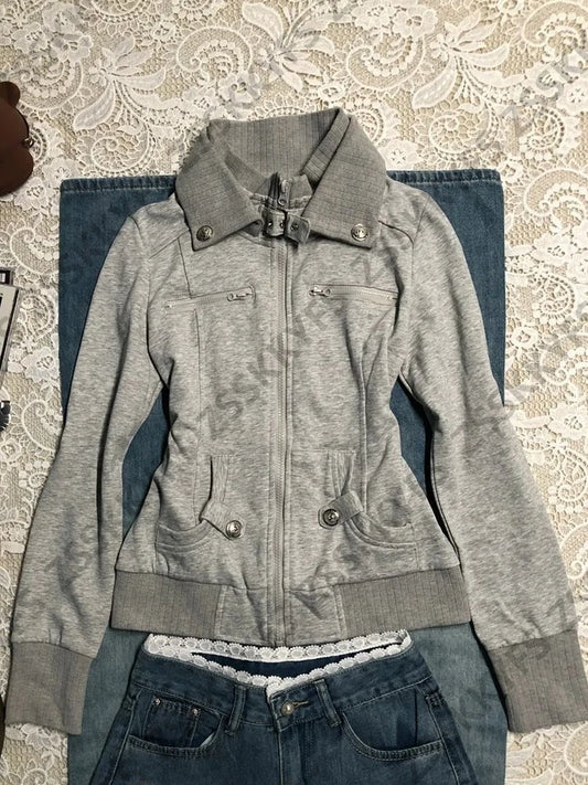 Vintage Coat Zipper Slim Y2k 2000s Womens Goth Punk Streetwear Polo Jacket Sweatshirt Basics Hoodie Autumn Winter Fashion Grunge