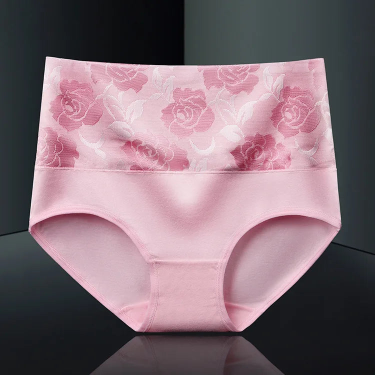 Plus Size L-5XL Women's Briefs Underwear Cotton High Waist Tummy Control Panties Rose Jacquard Ladies Panty Multipack