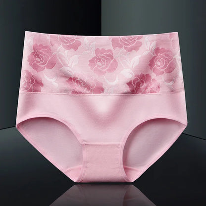 Plus Size L-5XL Women's Briefs Underwear Cotton High Waist Tummy Control Panties Rose Jacquard Ladies Panty Multipack