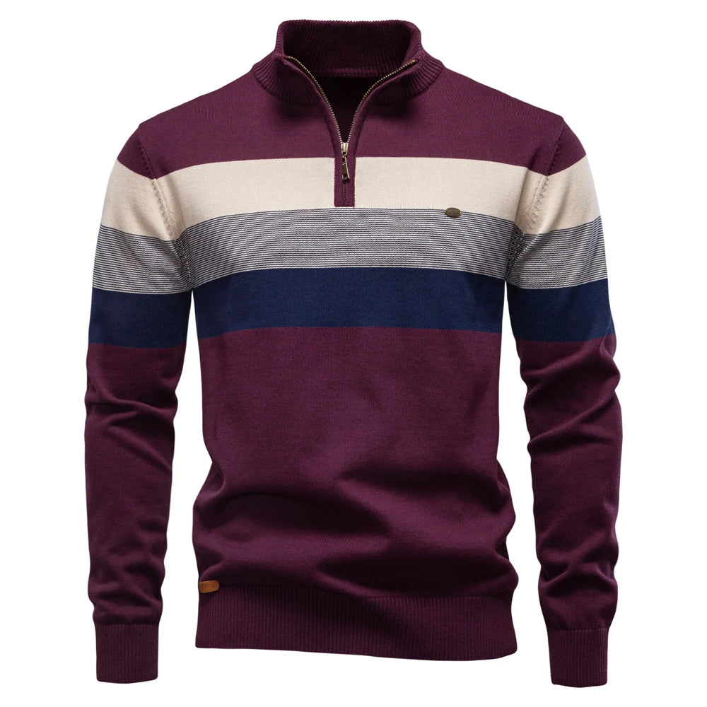 AIOPESON Men's Patchwork Pullover Sweater Cotton Casual Zipper Mock Neck Sweater for Men New Winter Fashion Warm Sweater for Men