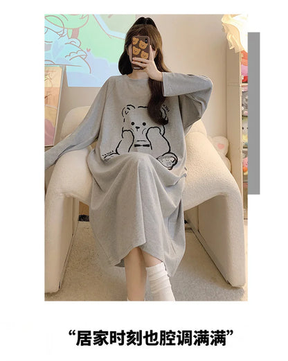 New Spring Summer Cotton Women's Pajamas Cute Long-sleeved Nightdress Cartoon Print Dress Home Service