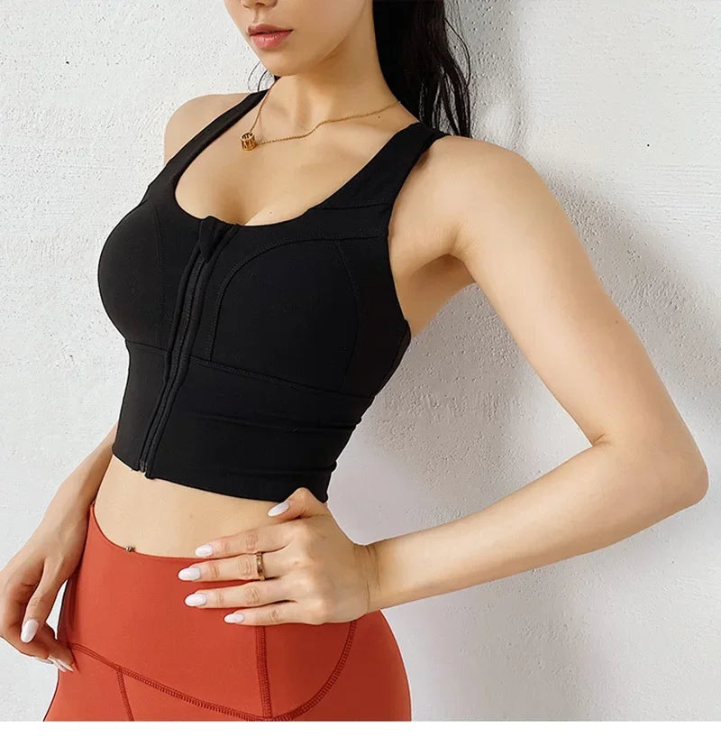 Front Zipper Sports Bra - Women's Athletic Crop Top, Push Up Wireless Fitness Tank