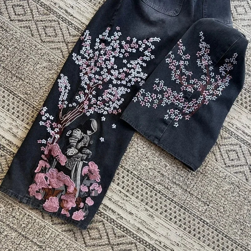 Y2K Vintage Baggy Fallen Knight Cherry Blossom Embroidery Jeans Men Women Fashion Straight Wide-leg Denim Pants Streetwear Jean