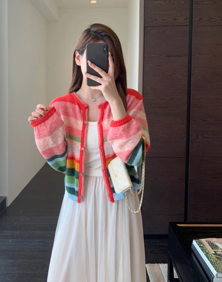 Soft Rainbow Striped Knitted Open Cardigan Long Sleeve Women's Top Trendy Lazy Style Early Autumn Fashionable Sweater Jacket