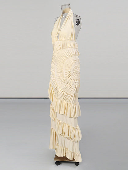 Halter Maxi Dress - Elegant Folds Sleeveless Party Robe Women Slim Fit