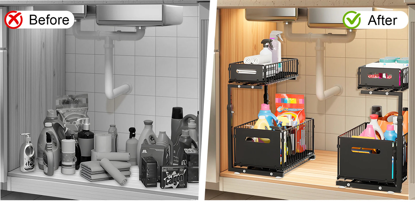 Adjustable 2-Tier Pull-Out Cabinet Organizer - Under Sink Storage Rack for Spice Jars - ZOOMNSTORE