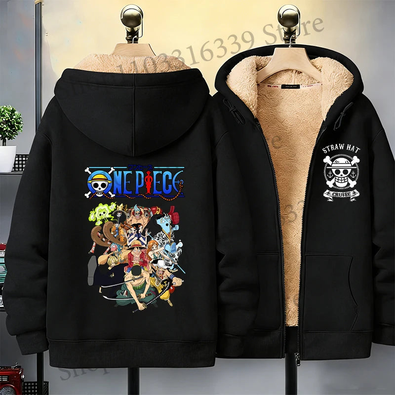 One Piece Man Thick Hooded Jacket Woman Winter Keep Warm Coat Anime Luffy Print Fleece Jacket Thermal Long Sleeve Hooded Clothes