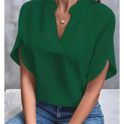 Women Elegant Solid V Neck Blouse Casual Short Sleeve Loose Shirt Summer Solid Tops Harajuku Office Ladt Chiffon Blouse 2026 New