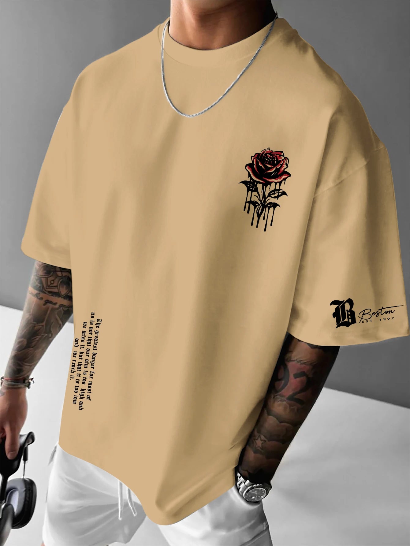 Men's Boston Gothic Rose Graphic Print T-shirt Oversized 100% Polyester American Streetwear Short Sleeve Tops S-XXL