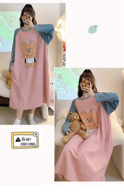 New Spring Summer Cotton Women's Pajamas Cute Long-sleeved Nightdress Cartoon Print Dress Home Service
