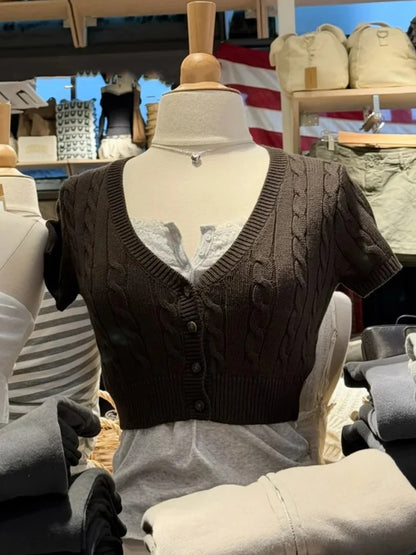 Solid Twist Flower Knitted Cropped Cardigan Woman V-neck Single Breasted Short Sleeve Crop Tops Autumn Sweet Cotton Knitwear New
