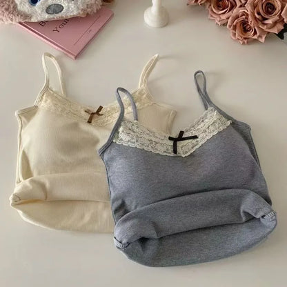 Sexy White Knit Camisole Lace Tank Top Cropped Vest Women's Sleeveless Crop Tops with Chest Pad Y2k Cute Summer Slim Undershirt