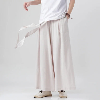 Chinese Style Linen Cotton Retro Pants Man Summer Kimono  Solid Color Traditional Pants Male Streetwear Casual Wide-Leg Trousers