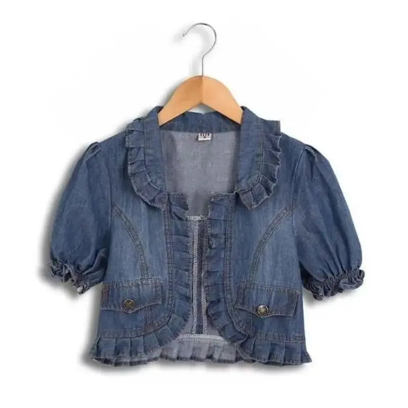 Vintage Blue Denim Jackets Short Sleeve Slim Fit Summer Women Jacket Coats Cute Petter Pan Collar Ruffled Sweet Women Japanese