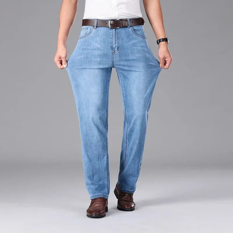 2026 Summer Brand Clothing Men's Straight Loose Lightweight Jeans Classic Badge Business Casual Thin Cotton Stretch Pants