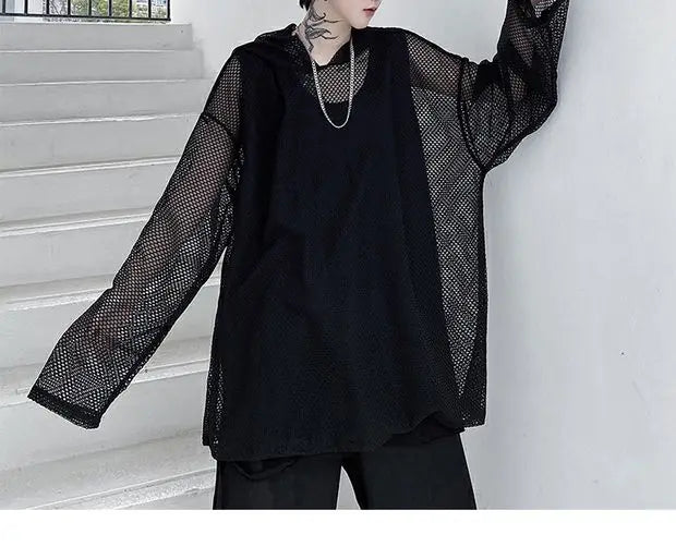2024 Summer Dark Hollowed Out Mesh Hoodies T-shirt For Men Women Long Sleeves Loose Hooded Mesh Transparent Shirts