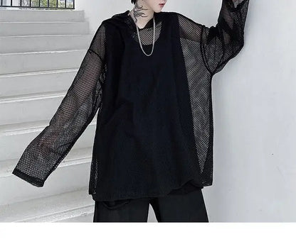 2024 Summer Dark Hollowed Out Mesh Hoodies T-shirt For Men Women Long Sleeves Loose Hooded Mesh Transparent Shirts