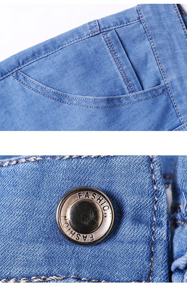 Light blue classic business jeans, fashionable breathable denim elastic pants, black blue men's straight leg jeans, sizes 28-40