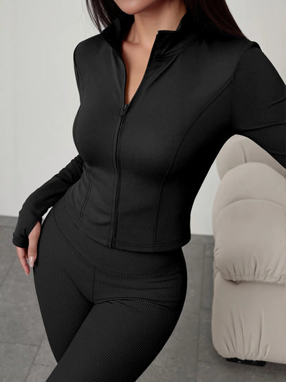 European American Women Ribbed Knit Two Piece Set, Long Sleeve Zip Top With High Waist Flare Pants, Casual Slim Daily Outfit