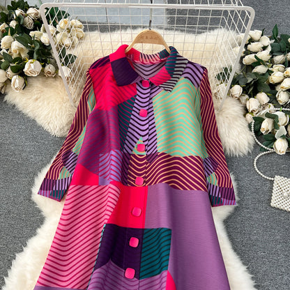 Miyake Pleated Drape Dress Women 2024 Spring Summer Colorblock Printing Lapel 3/4 Sleeve Single-breasted Fashion Shirt Dresses