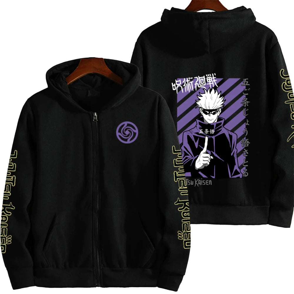 Hot Anime Jujutsu Kaisen Gojo Satoru Graphic Hooded Men Women Casual Zip Hoodies Manga Zipper Jacket Harajuku Male Sweatshirt