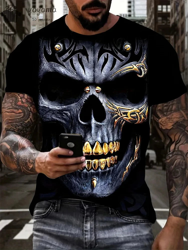 Mens Oversized 3D Skull Print T-Shirt - Summer Horror Fashion Tee - ZOOMNSTORE