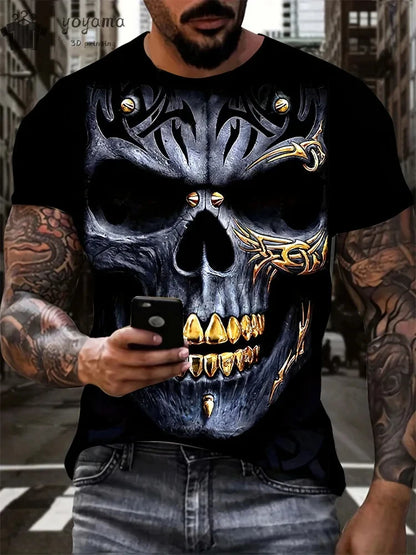 Mens Oversized 3D Skull Print T-Shirt - Summer Horror Fashion Tee - ZOOMNSTORE