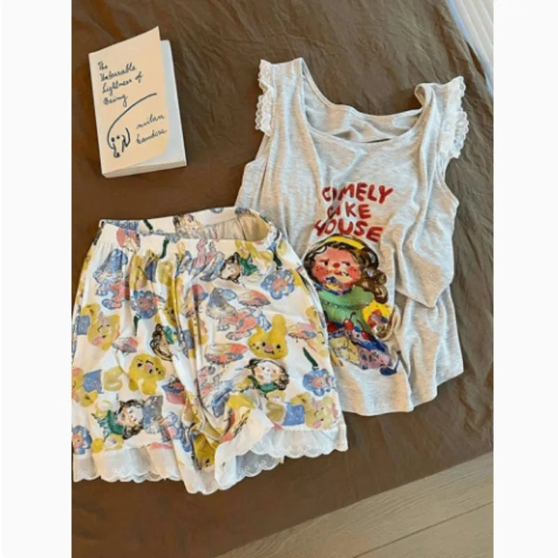 Women's summer sleepwear with chest cushion vest set cartoon cute and high-end home clothes