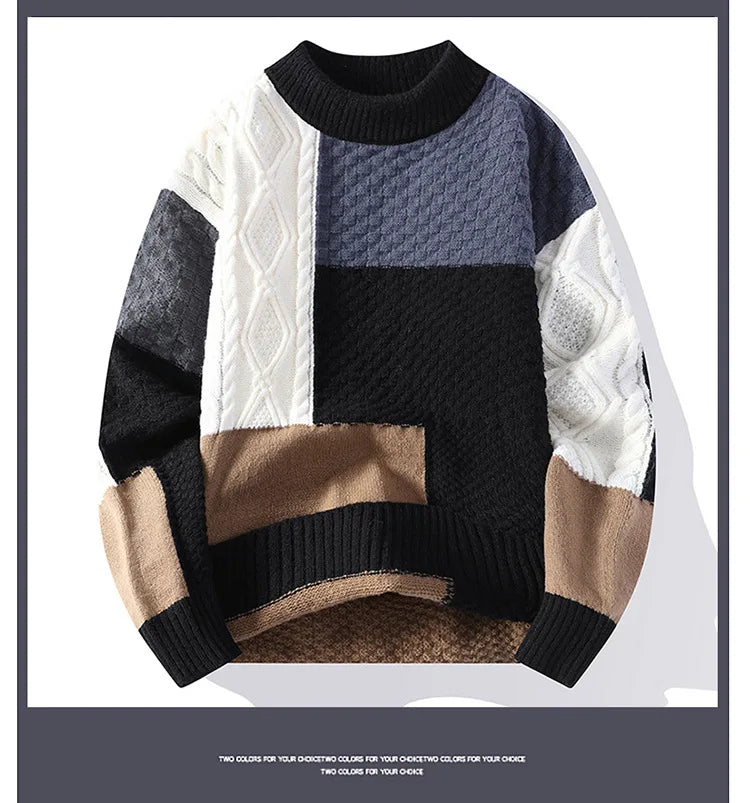 Jumpers Patchwork Men Knitted O Neck Pullovers Long Sleeve Sweaters Loose Fit Spliced Winter 2024 Slight Strech Casual