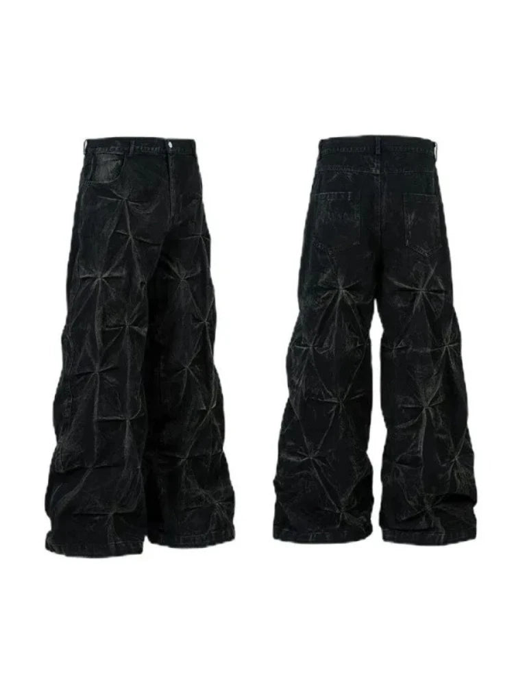 Mens Jeans Harajuku Y2K Streetwear Black Pleated Baggy Denim Pants High Street Hip Hop Wide Leg Loose Fit Casual Fashion Trend